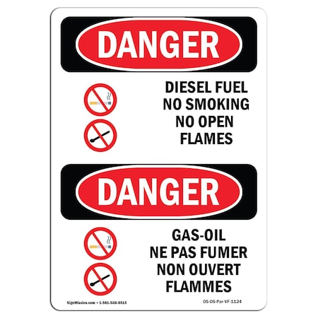 OSHA Danger Sign, Diesel Fuel No Smoking Bilingual, 10in X 7in Aluminum